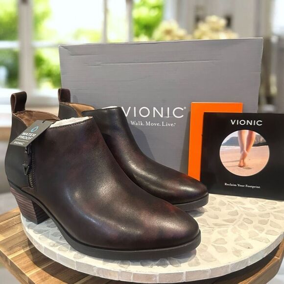 Vionic $170 Cecily Waterproof Leather Ankle Boot Dual Zip Orthotic Support Women - Picture 4 of 16